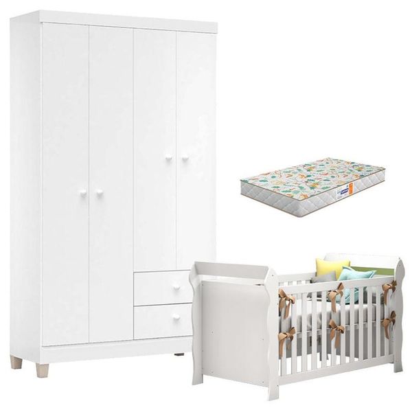 Berço Americano Lara com Colchão Gazin e Guarda Roupa Ternura Baby 4 Portas Branco Incorplac Berço Americano Lara Com Colchão Gazin E Guarda Roupa Ternura Baby 4 Portas Branco Flex - Incorplac