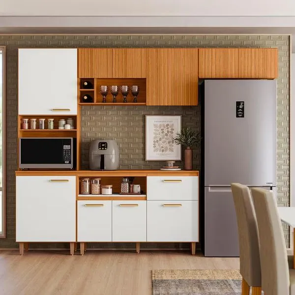 Cozinha com Balcão Sicília 10 Portas Acetinado Poliman Freijó com Off White