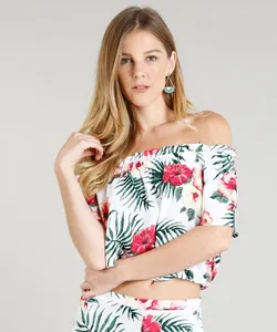 Blusa Ciganinha Feminina Cropped Estampada Floral Branca GG