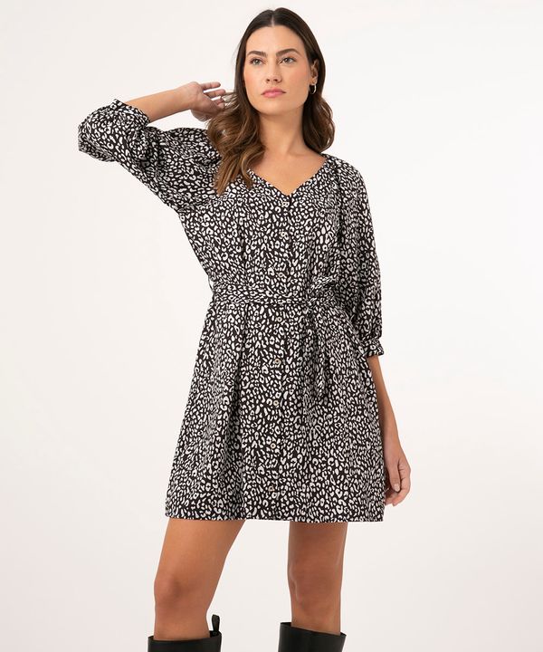 vestido manga bufante com amarração animal print preto GG