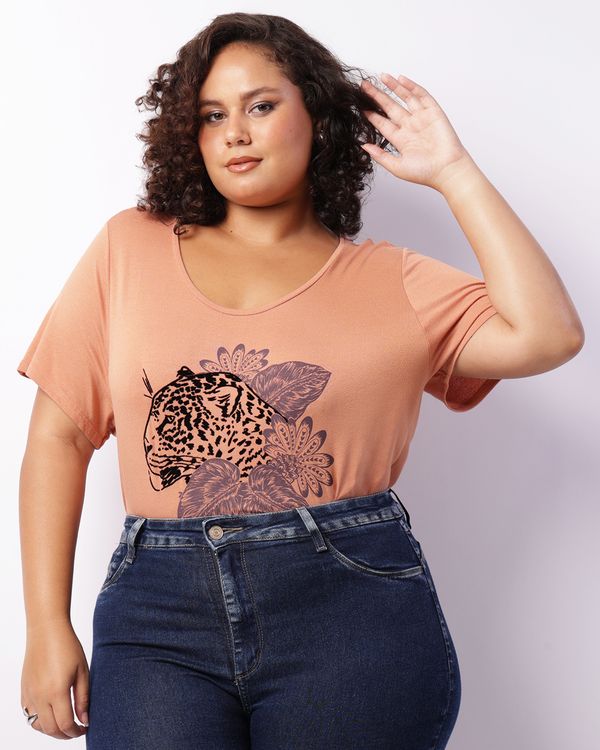 Blusa Plus Size Feminina Manga Curta Estampa Frontal Bege G2