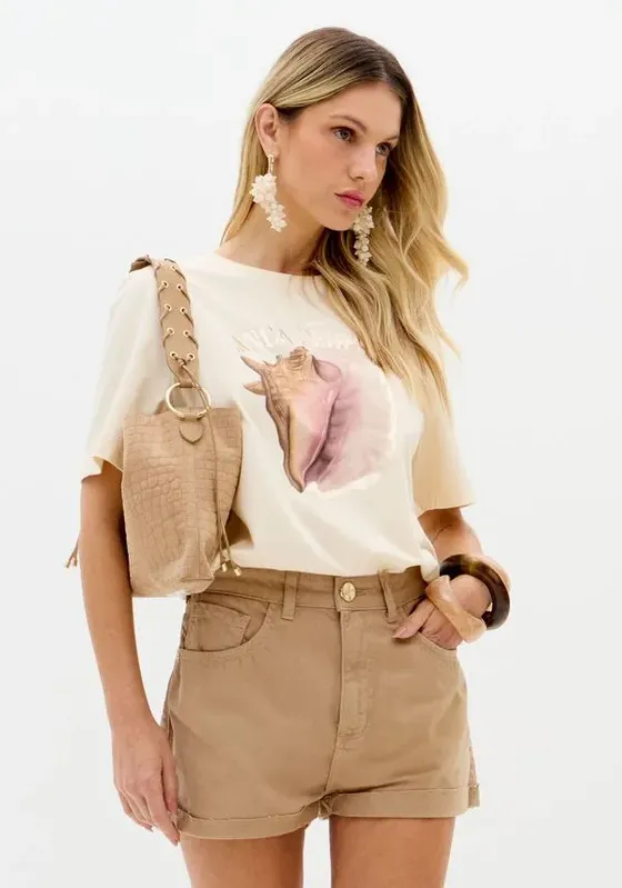 T-shirt De Mangas Curtas Com Estampa Bege M