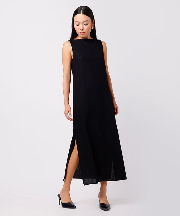vestido midi feminino com linho e fendas mindset preto M