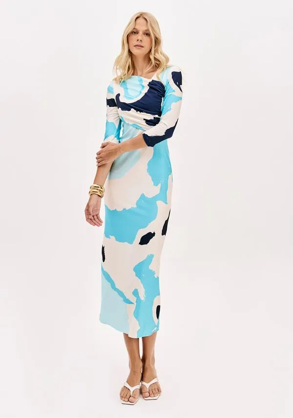 Vestido Super Midi Estampado Mangas Médias Azul PP