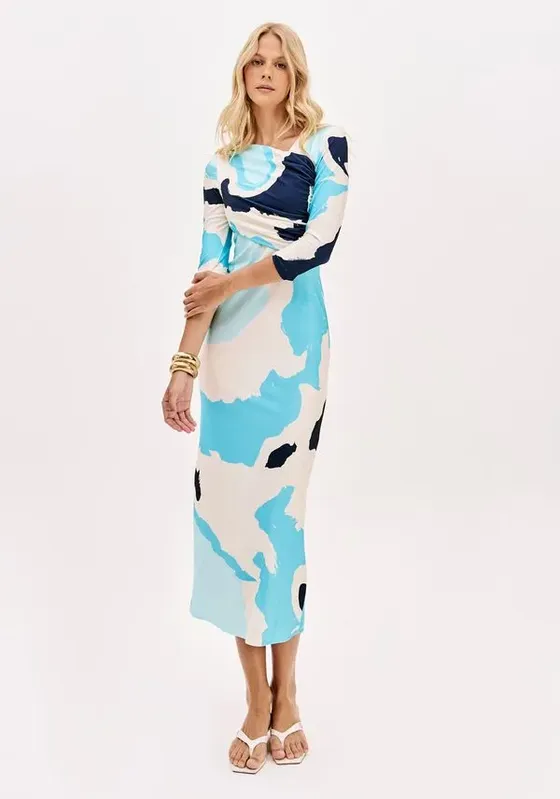 Vestido Super Midi Estampado Mangas Médias Azul PP