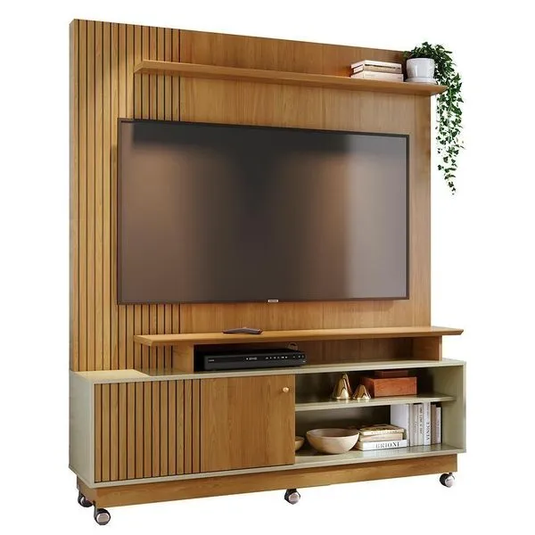 Estante Home Theater Ares Cumaru/opala Para Tv Até 65” Com Rodízios - Madetec Cumaru/opala