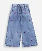 calça wide leg infantil jeans bordado cerejas azul 1