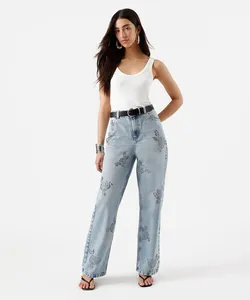 calça wide leg slim feminina jeans com brilhos azul 46