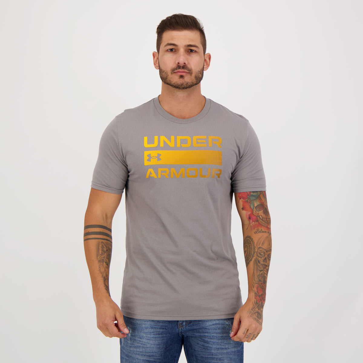 Camiseta Under Armour Team Issue Cinza e Laranja