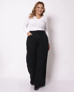 Calça Jeans Black Plus Size Feminina Wide Leg Preta 48