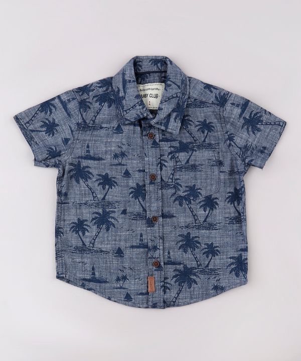 Camisa Jeans Infantil Estampada de Coqueiros com Bolso Manga Curta Azul Escuro 1