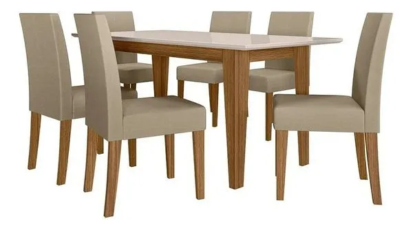 Mesa Liz com 6 Cadeiras Bege sem Vidro Tampo Off White - Poliman Conjunto Mesa de Jantar Liz com 6 Cadeiras Josi Tampo Off White - Poliman