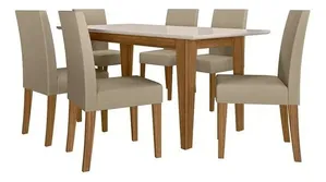 Mesa Liz com 6 Cadeiras Bege sem Vidro Tampo Off White - Poliman Conjunto Mesa de Jantar Liz com 6 Cadeiras Josi Tampo Off White - Poliman