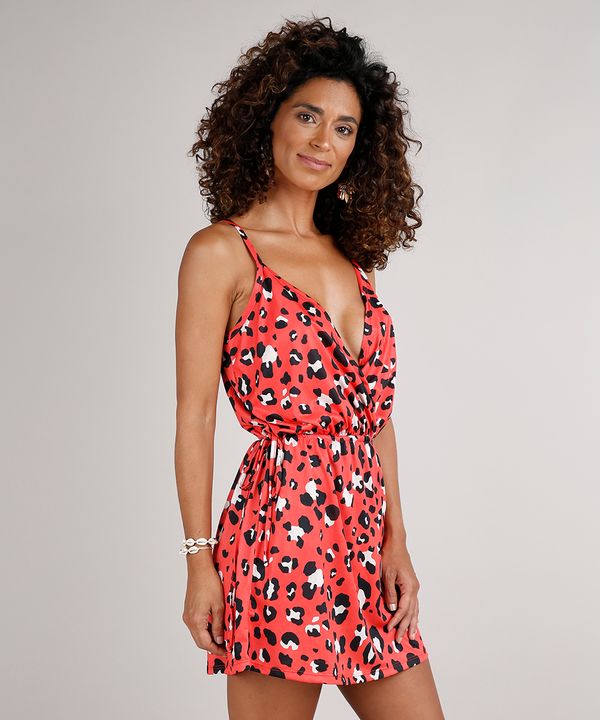 Saída de Praia Feminina Transpassada Estampado Animal Print Decote V Profundo Alças Finas Vermelho G