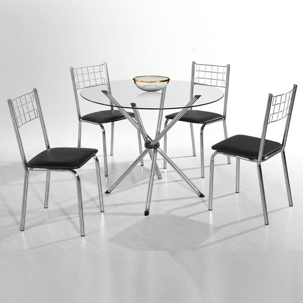 Mesa de Jantar Aço Nobre Leticia Plus com Tampo Kanon e 4 Cadeiras Iris Revestidas em Courino Preto