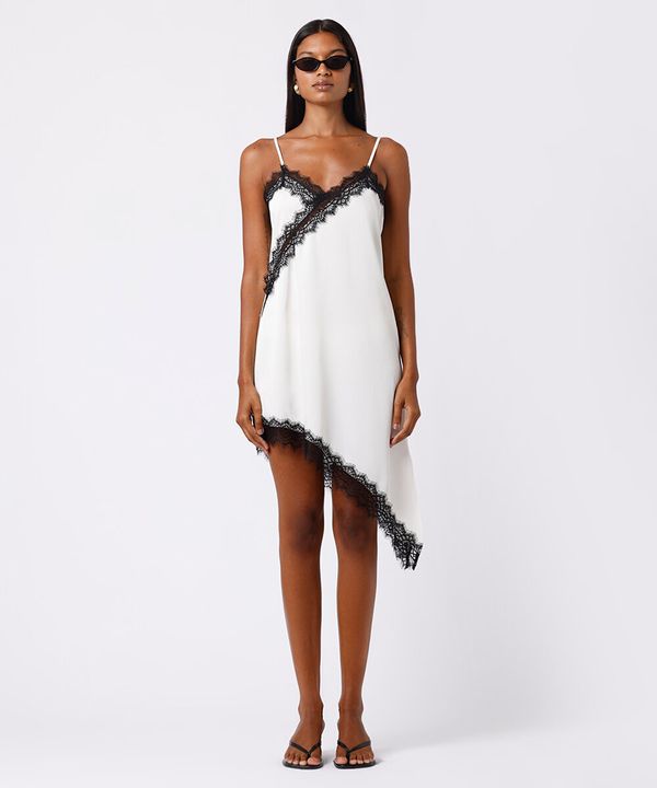 vestido slip dress feminino com renda assimétrico mindset off white G