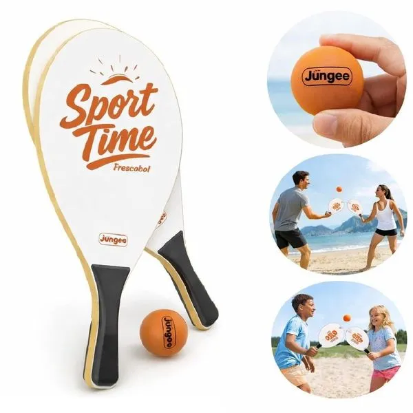 Kit Frescobol 2 Raquetes Madeira Sport Time Junges para Praia com Bolinha Cabo Antiderrapante Kit Frescobol Sport Time Junges 2 Raquetes MDF com Bolinha para Praia e Lazer ao Ar Livre