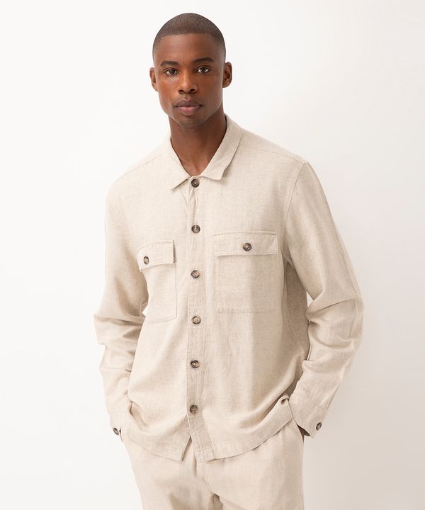 camisa comfort com linho manga longa kaki G