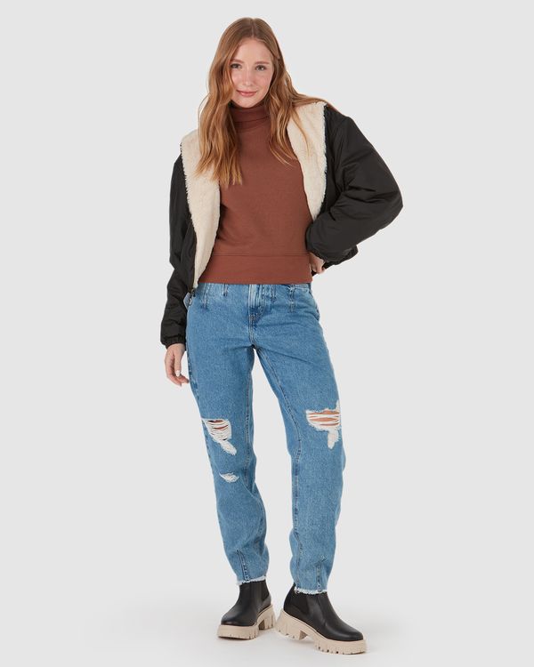 Calça Feminina Mom Puídos Em Jeans 100% Algodão Azul - 42
