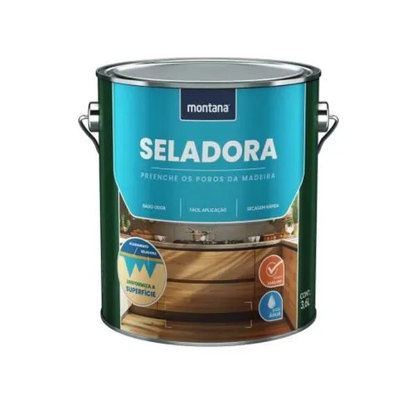 Seladora para Madeira Seladora Base Água 3,6 LITROS Protege e Renova Superfícies Secagem Rápida Transparente Montana Seladora para Madeira Seladora Base Água 3,6 LITROS Preparo de Superfícies Secagem Rápida