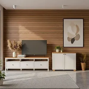 Conjunto de Sala 2 Peças Rack e 1 Armário Multiuso Ananda CabeCasa MadeiraOriginals Branco Off White/Mel Off White/Mel