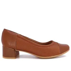 Scarpin Marrom Salto Bloco Elastano Couro 34