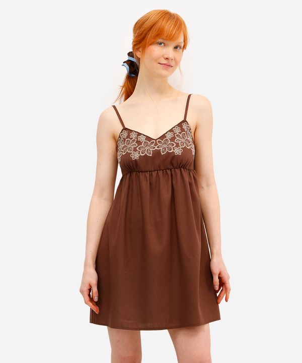 Vestido curto feminino alça fina com linho floral marrom P
