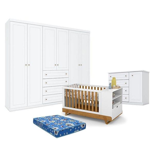 Quarto De Bebê Americano 6 Portas Com Berço Multifuncional Bkids Branco Freijó Eco Wood - Matic - Henn E Colchão Ortobom