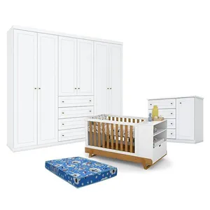 Quarto De Bebê Americano 6 Portas Com Berço Multifuncional Bkids Branco Freijó Eco Wood - Matic - Henn E Colchão Ortobom