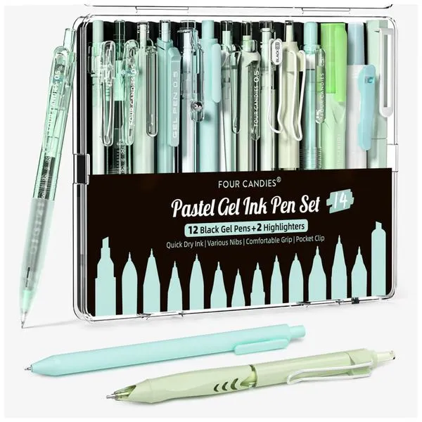 Canetas em gel Four Candies verdes com tinta preta e verde e 2 marcadores pastel, ponta fina 0,5 mm retrátil, kit 14 peças para estudo e escritório