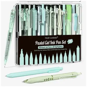Canetas em gel Four Candies verdes com tinta preta e verde e 2 marcadores pastel, ponta fina 0,5 mm retrátil, kit 14 peças para estudo e escritório