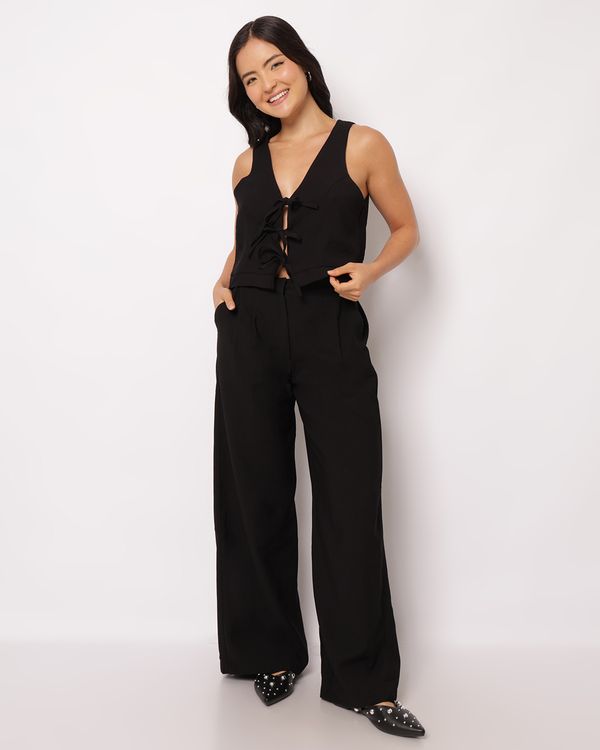 Calça Feminina Berry & Co. Wide Leg Viscose com Pregas Preta G