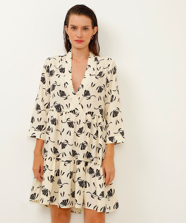 vestido de viscose decote V floral bege PP