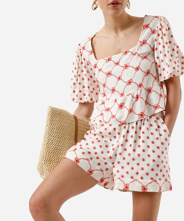 short feminino com linho cós elástico floral off white G