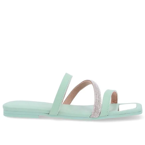 Rasteira Bico Quadrado Couro Verde Strass 38