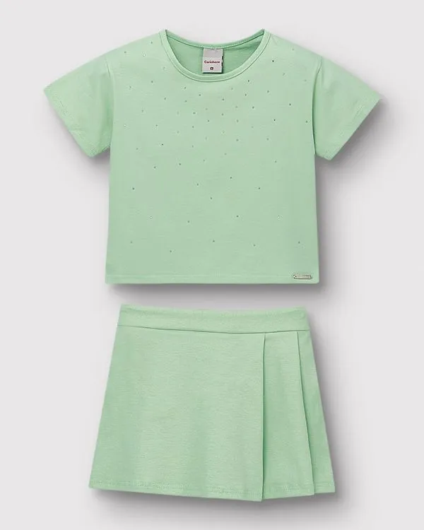 Conjunto Menina Blusa Strass E Shorts Saia Glitter Em Algodão - Carinhoso Verde - 12