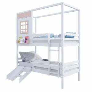 Beliche Casinha Reta Com Grade Removível E Escorregador Madeira Maciça Branco- Rosa Housin