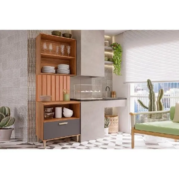 Cozinha Modulada Completa Bella 3 Peças Sem Portas 1 Aéreo + 1 Balcão + 1 Painel Ripado 80cm Freijó Titanium