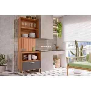 Cozinha Modulada Completa Bella 3 Peças Sem Portas 1 Aéreo + 1 Balcão + 1 Painel Ripado 80cm Freijó Titanium
