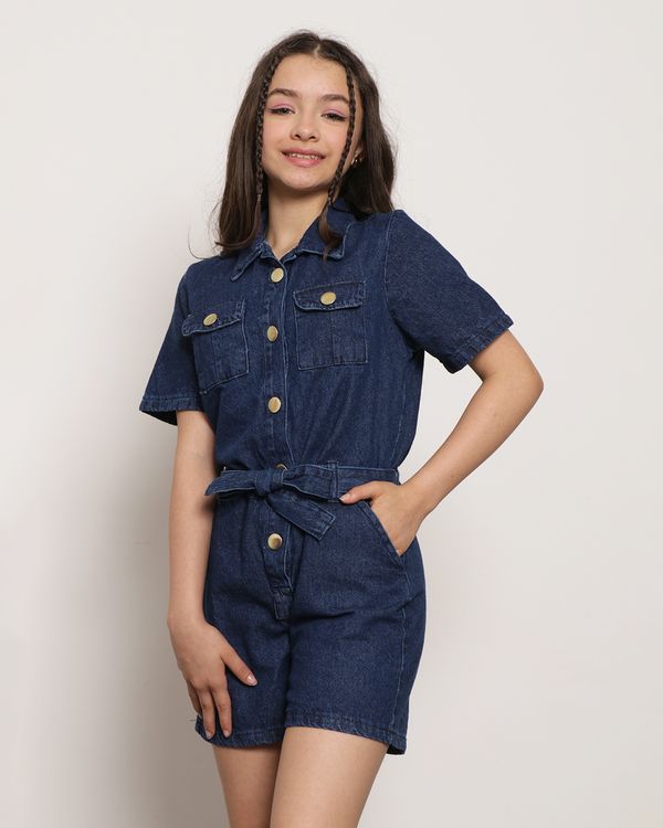 Macacão Jeans Juvenil Curto Com Faixa Bolsos Azul 14
