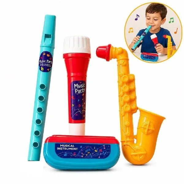 Kit Bandinha Musical Infantil com Flauta Microfone Saxofone e Gaita 4 Peças Yeet Kit Bandinha Musical Infantil Flauta Microfone Saxofone Gaita 4 Peças Yeet