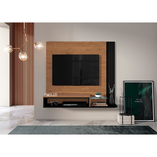 Painel para TV até 48'', 1 Nicho, 1 Prateleira - Londres Nature / Preto Fosco