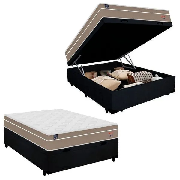 Cama Box Baú Casal Suede + Colchão Lis Molas Ensacadas Plumatex 138x188x64cm Cor:preto