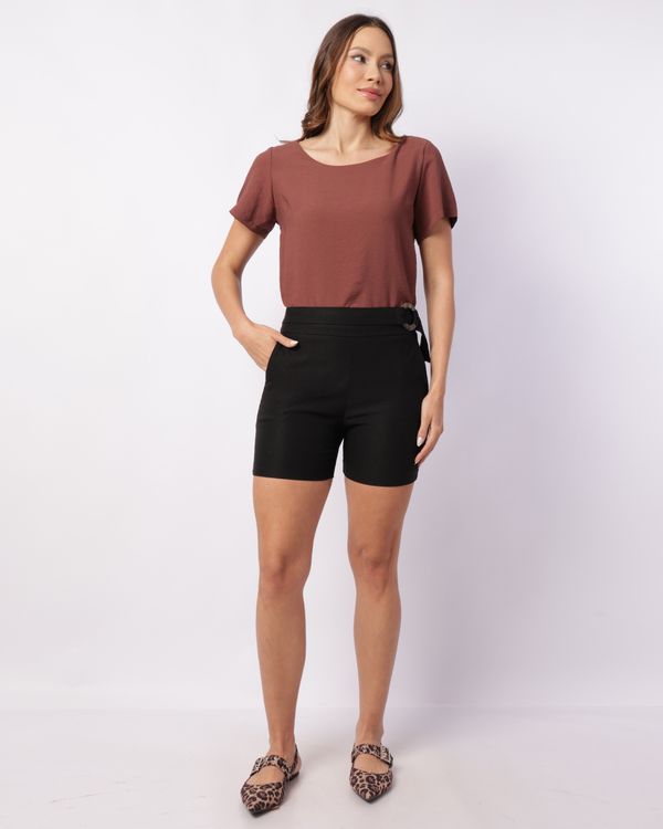 Short Feminino Curto Bengaline Com Faixa De Amarração Preto P