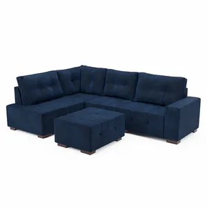 Sofá de Canto Roma 4 e 3 Lugares com Puff Espuma D23 Tecido Sued 100% Poliéster Montreal Azul Marinho