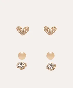 kit de 3 pares de brincos corações e strass dourado Único