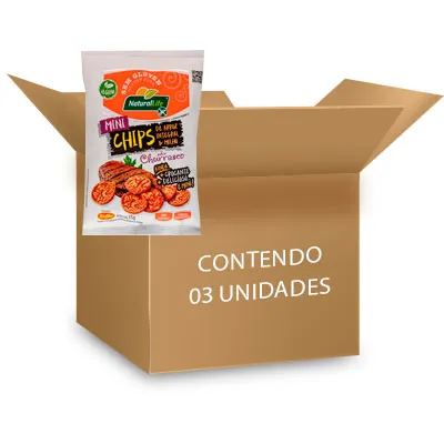 Mini Chips Vegano, Sem Glúten Churrasco Natural Life contendo 3 pacotes de 35g cada