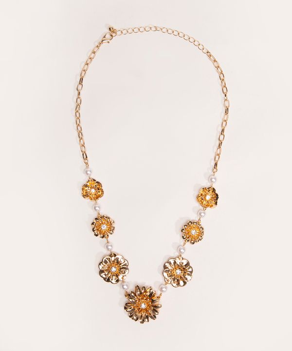 colar flores e pérolas dourado Único