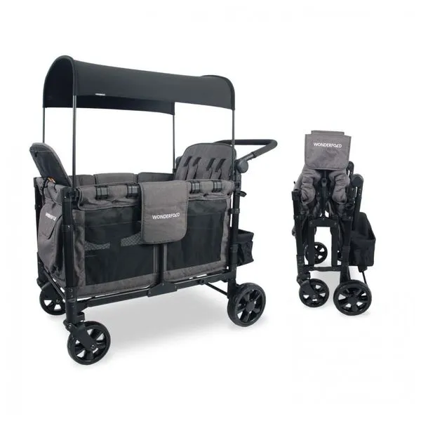 Carrinho de Passeio para 4 Crianças Multifuncional com Cobertura Removível e Dobramento, até 136 kg, WONDERFOLD W4, Preto
