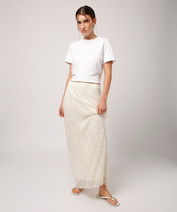 saia longa de tule com paetê mindset off white 36